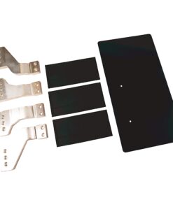 Assorted hardware kit: several silver metal brackets with holes, plus multiple small black rectangular pieces and a larger black plate with two mounting holes.