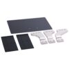 Metal mounting bracket kit: a large flat base plate, three silver angled brackets, and two black mounting panels.