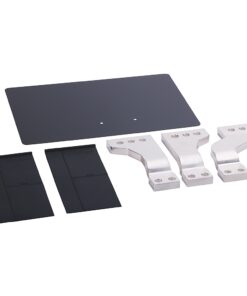 Metal mounting bracket kit: a large flat base plate, three silver angled brackets, and two black mounting panels.