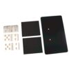 Hardware kit: three perforated aluminum blocks, two black rectangular panels, and a large black mounting plate with two holes.