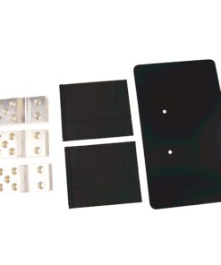 Hardware kit: three perforated aluminum blocks, two black rectangular panels, and a large black mounting plate with two holes.