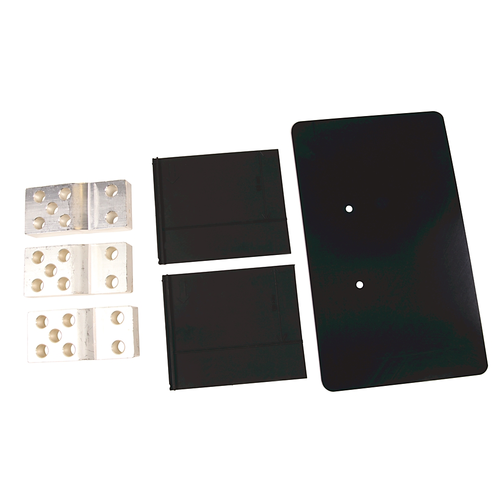 Hardware kit: three perforated aluminum blocks, two black rectangular panels, and a large black mounting plate with two holes.