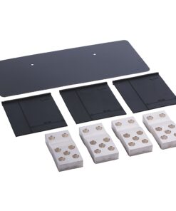 Flat mounting kit with a large dark rectangular plate, three smaller black panels, and four white brick-like blocks with six holes each.