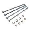 Four shiny metal bolts with washers and hex nuts laid out on a white background.