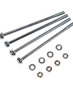 Four shiny metal bolts with washers and hex nuts laid out on a white background.
