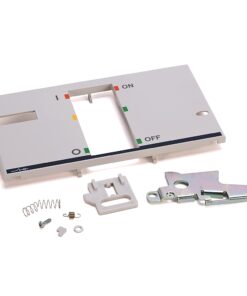Gray wall switch backplate with large central opening, plus mounting bracket, springs, screws, and small hardware pieces.