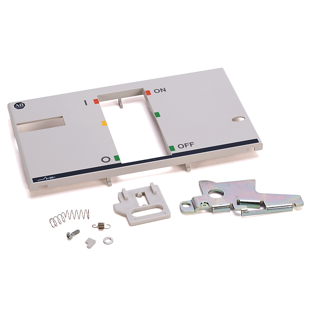 Gray wall switch backplate with large central opening, plus mounting bracket, springs, screws, and small hardware pieces.