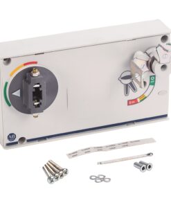 Electrical distribution unit with a circular dial and a lever, plus a hardware kit of screws and washers