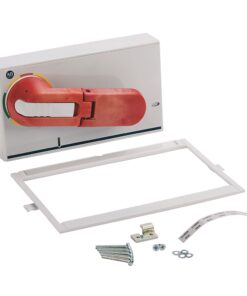 Electrical safety switch kit with red lever inside a metal enclosure, mounting frame, screws, and hardware included for installation.