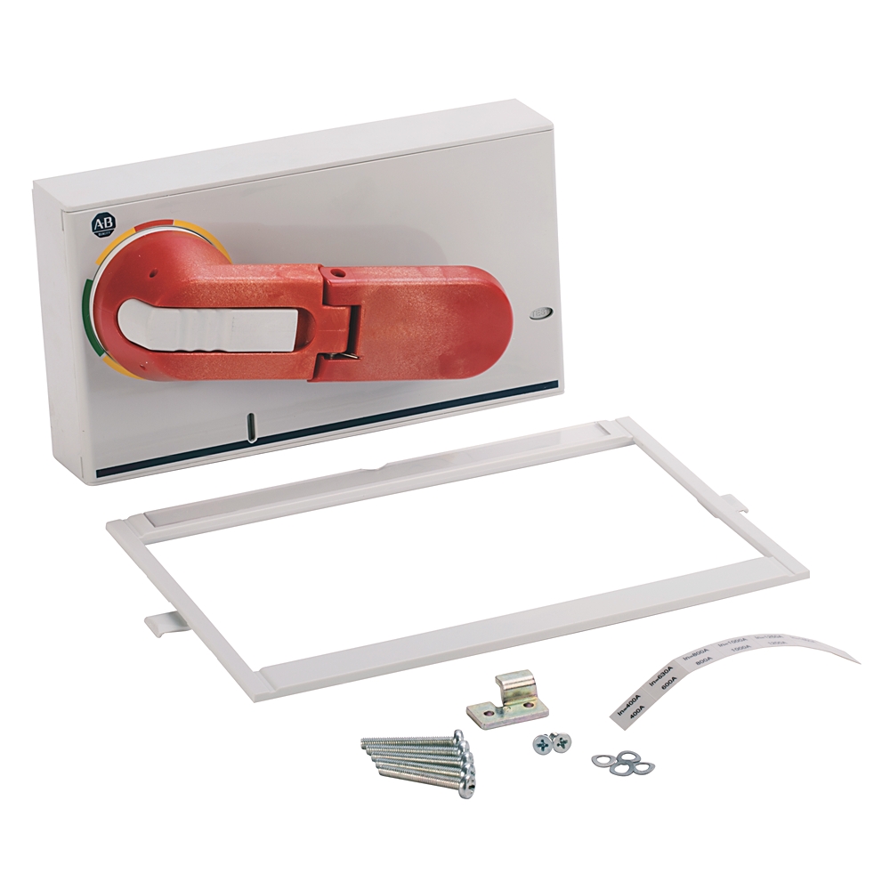 Electrical safety switch kit with red lever inside a metal enclosure, mounting frame, screws, and hardware included for installation.