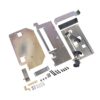 Disassembled door lock mechanism parts including metal plates, bolts, screws, and small springs.] ,