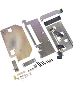 Disassembled door lock mechanism parts including metal plates, bolts, screws, and small springs.] ,
