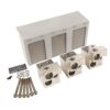Set of three aluminum mounting blocks with screws and washers next to a white modular enclosure and small hardware pieces
