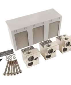 Set of three aluminum mounting blocks with screws and washers next to a white modular enclosure and small hardware pieces
