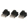 Three identical black plastic electrical connectors with silver metal contact plates, aligned in a row.