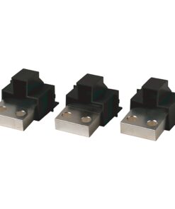Three identical black plastic electrical connectors with silver metal contact plates, aligned in a row.