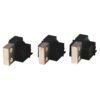 Three small black electrical switches with silver metal contact plates facing forward, arranged in a row.