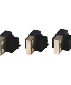 Three small black electrical switches with silver metal contact plates facing forward, arranged in a row.