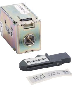 Small DC motor with a metal housing and protruding shaft, plus a detachable connector block labeled 'CONNECTOR' and a small spec bag.