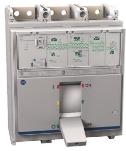 ABB low-voltage circuit breaker with ON/OFF switch and indicator lights, front view.