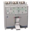 Industrial electrical circuit breaker panel with a large manual operating lever and labeled control switches.