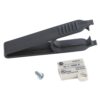 Black plastic hand tool (wire stripper/clipper) with a ridged grip, shown alongside a small white circuit-breaker trip unit and a screw.
