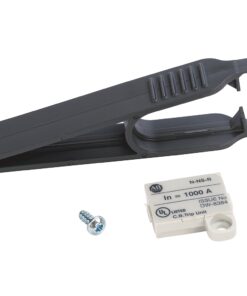 Black plastic hand tool (wire stripper/clipper) with a ridged grip, shown alongside a small white circuit-breaker trip unit and a screw.