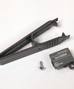 Black plastic U-shaped lever tool with a curved grip, plus a small screw and a gray CB trip unit labeled 'In=1200A' and UL Listed logo.