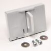 Gray plastic wall switch cover with a central hinged clip, accompanied by two screws and washers on a white background
