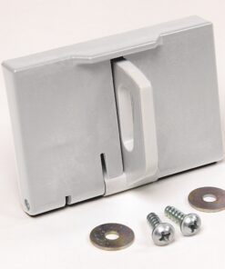 Gray plastic wall switch cover with a central hinged clip, accompanied by two screws and washers on a white background
