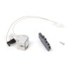 Small white electrical relay/switch assembly with two wire leads, a black connector, and a gray mounting adaptor alongside a screw.