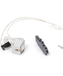 Small white electrical relay/switch assembly with two wire leads, a black connector, and a gray mounting adaptor alongside a screw.
