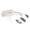 Metal mounting bracket with white wire harness and two black plastic connectors, laid on a white background