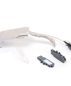 Metal mounting bracket with white wire harness and two black plastic connectors, laid on a white background