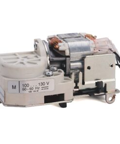 AC motor assembly with white plastic housing, copper coils, and mounting brackets for 100–130 V appliance drive use