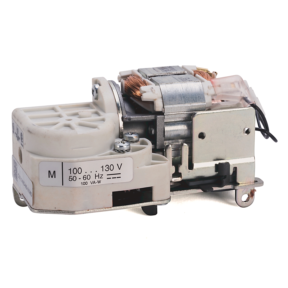 AC motor assembly with white plastic housing, copper coils, and mounting brackets for 100–130 V appliance drive use