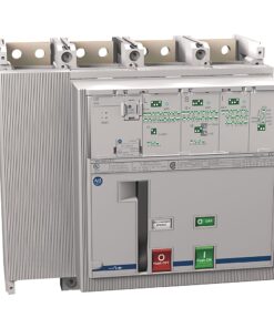 Low‑voltage power distribution circuit breaker cabinet with a manual trip handle and push buttons (red off, green on)