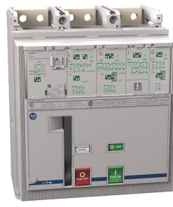 Electrical circuit breaker panel with push buttons (green ON, red OFF) and discharge spring label.