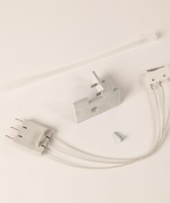 White electrical fixture kit components: a plug connector, metal mounting bracket, white wire leads, and a small screw.