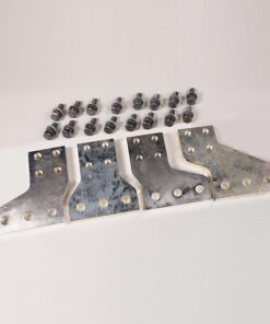 Set of four silver metal brackets with multiple holes, arranged in a row, with several small black screws laid above them.