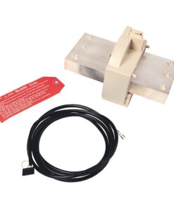 Industrial electrical kit with a metal mounting plate, beige connector housing, red warning tag, and a coiled black cable ending in a connector.