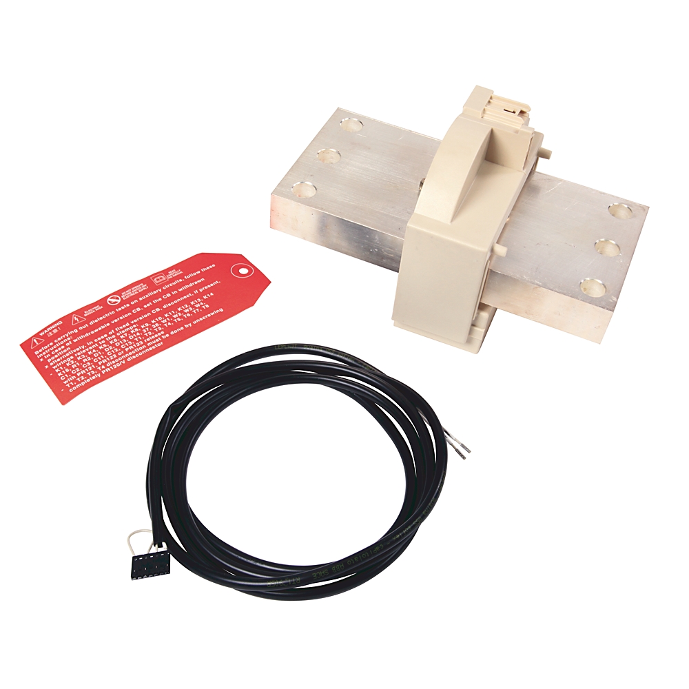 Industrial electrical kit with a metal mounting plate, beige connector housing, red warning tag, and a coiled black cable ending in a connector.