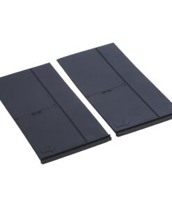 Two dark gray flat plastic panels laid side by side, each with raised ridges and small arrows for alignment.