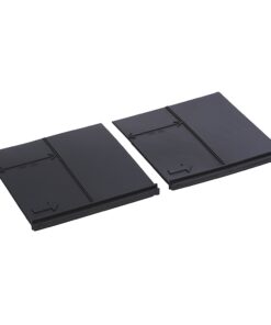 Two dark gray plastic panels laid side by side, each with a central seam and embossed arrows along the surface (likely interlocking covers).