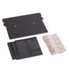 Flat black mounting plate with three holes and cutouts, alongside rubber spacers and a silver hinge piece with multiple holes—kit for equipment mounting or enclosure assembly.
