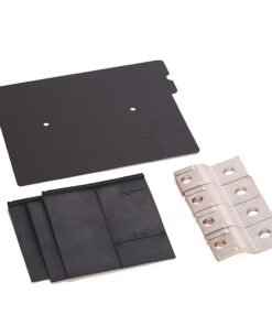 Flat black mounting plate with three holes and cutouts, alongside rubber spacers and a silver hinge piece with multiple holes—kit for equipment mounting or enclosure assembly.