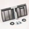 Grey plastic mounting bracket with a white pivot/latch, plus two screws and two washers.