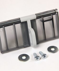 Grey plastic mounting bracket with a white pivot/latch, plus two screws and two washers.