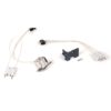 Disassembled electronic hardware on white: white multi-pin connector with cable, small transformer, black metal mounting bracket, and a screw on a white background.