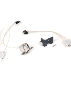 Disassembled electronic hardware on white: white multi-pin connector with cable, small transformer, black metal mounting bracket, and a screw on a white background.